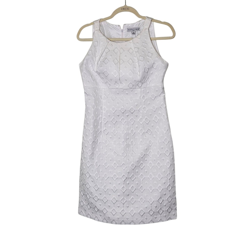 Madison Leigh Petite 6 White Diamond Jacquard Sleeveless Dress Career Office